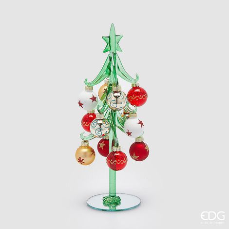 EDG Enzo De Gasperi Albero di Natale in Vetro Decorato su Base H 26 Cm D 9 Cm Verde Rosso