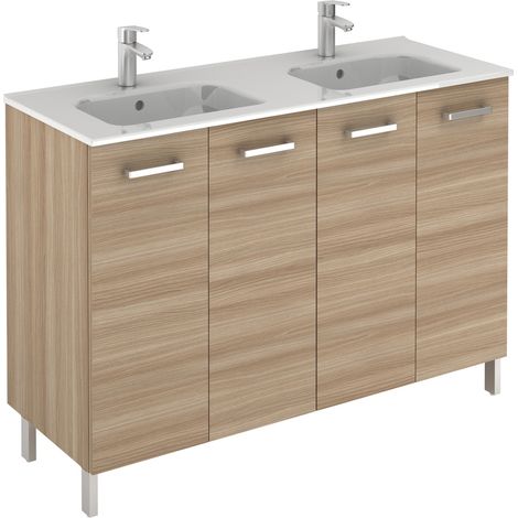 Meuble 4 portes Ancoflash Color avec plan double vasque céramique - Anconetti - Noyer sablé - 120cm (1/3)