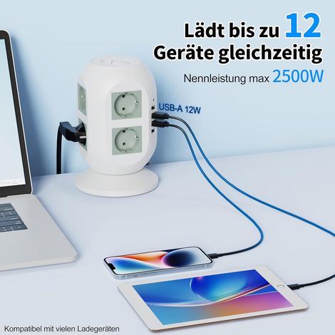 8-fach Steckdosenleiste mit Überspannungsschutz, 2 USB-Ladeanschlüssen, 2 m Kabel, 2 Schaltern (Weiß) (1/5)