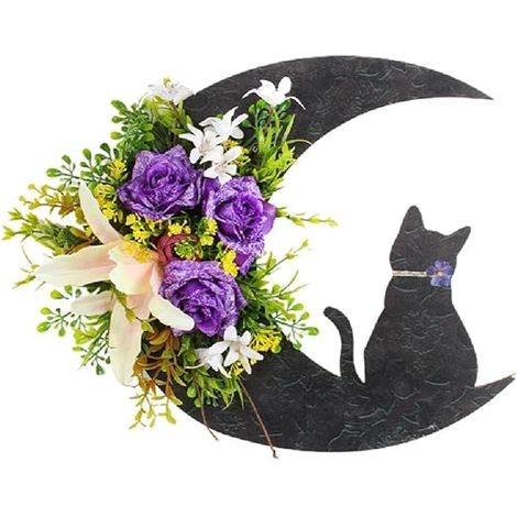 Halloween lune chat en forme de couronne fleur artificielle chat noir guirlande à suspendre pour porte d'entrée mur Halloween vacances fête maison hantée décoration, pourpre (1/5)