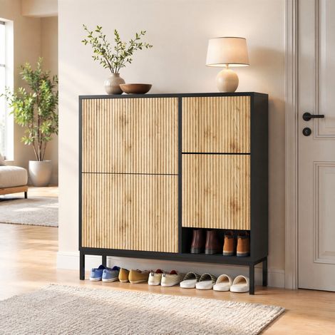 DESMIU Meuble à chaussures avec 3 abattants, banc escamotable et niche ouverte, pour entrée, noir et naturel, 100 × 25 × 100 cm (1/5)