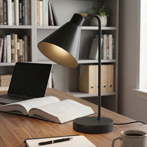 Lot de 2 lampes de table modernes en acier avec ports USB, douille E27, noires (1/5)