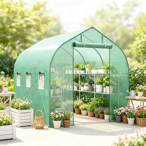 Tunnel de jardin avec étagères, porte et 6 fenêtres, serre à structure en acier galvanisé pour plantes de jardin (1/5)