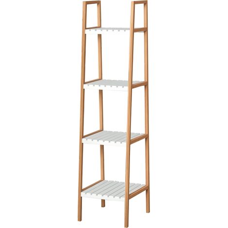 Étagère en bambou à 4 niveaux Kleankin Mobilier de rangement multifonctionnel pour salle de bain, salon Cuisine 35x36x138,5 cm Blanc et naturel (1/5)