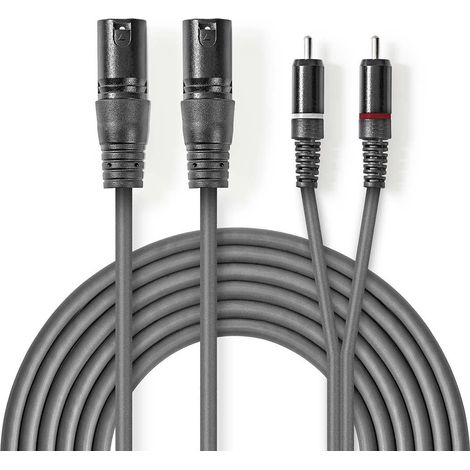 Cable de audio balanceado  2x XLR macho de 3 pines  2x RCA macho  Niquelado  1,50 metros  Redondo  PVC  Gris oscuro  Funda de cartón