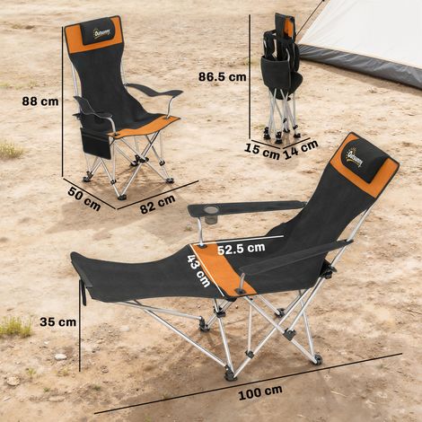 Chaises de camping pliantes avec repose-pieds et porte-gobelet, lot de 2, 82x50/100x88cm, noir et orange (1/5)