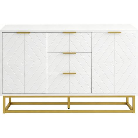CHICFURN Aparador 120x40x76 cm blanco y dorado en MDF y metal, con cajones y puertas (1/5)