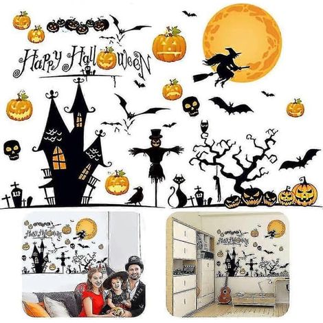 Décorations murales d'Halloween - Autocollants amovibles et repositionnables : chauves-souris, crânes et citrouilles pour décorer votre fête d'Halloween (1/5)
