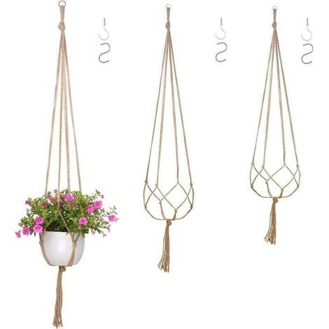 Set aus 2 Hängeampeln, 90 cm und 105 cm, mit Haken, aus Juteseil, Hängeblumentopf mit Quaste, Hängekorb für Zimmerpflanzen (1/4)