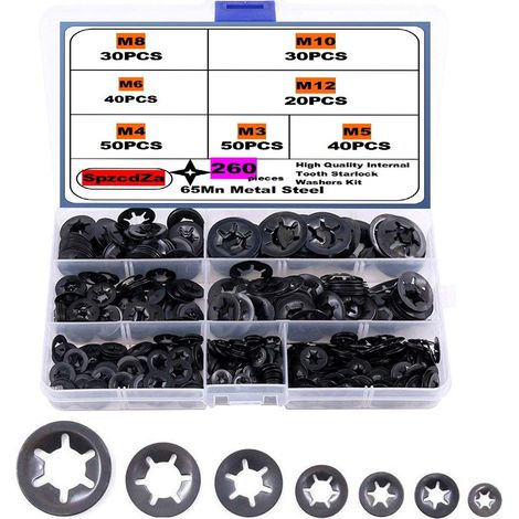 Kit de 260 rondelles frein à denture intérieure en étoile de calibre 7, avec système de fixation rapide par clip. (1/5)
