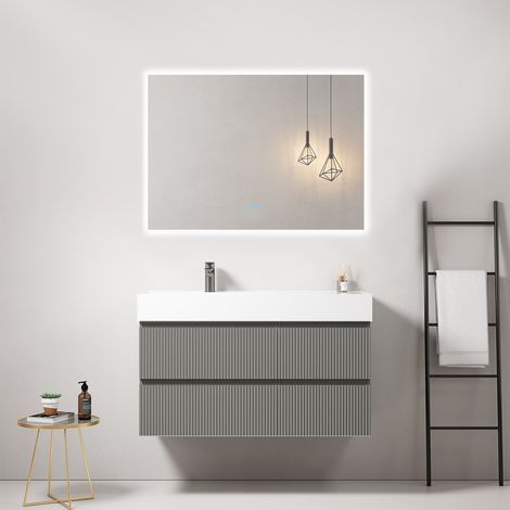 Mobile bagno sospeso cannettato 100 cm Grigio Londra Lavabo a Sinistra in Resina Specchio Quadro Retroilluminato - Fiji Paint