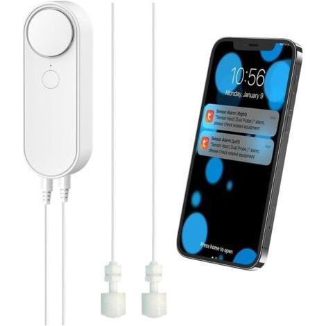 WLAN-Wasserstandsmelder, intelligenter Wassersensor-Alarm, 5 m separates Doppelmesskabel, Fernüberwachung per App, Doppelalarm, Betrieb mit AAA-Batterien (1/5)