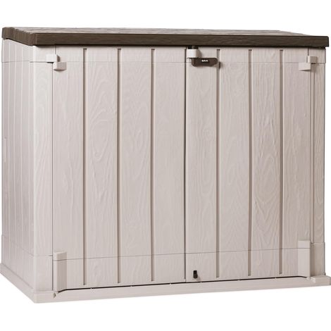Toomax Stora Way Plus XL Baule da 1270L portattrezzi effetto legno grigio talpa/marrone in plastica resistente 145x85x124,5h, porta bidoni spazzatura, chiusura a chiavistello, ideale per giardino