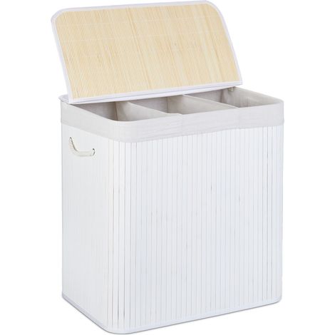 Relaxdays Bamboo Laundry Basket, Clothes Container, 3 Compartments, Folding, Rectangular Basket, 62x62.5x42.5cm, White