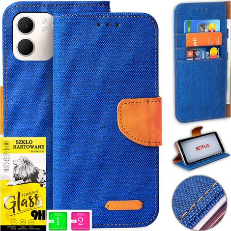 Custodia per Oppo A5X in tela con magnete e portafoglio + vetro temperato 9H (1/5)