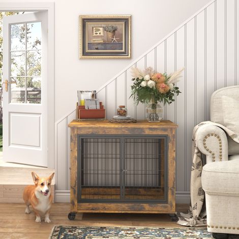 Caisse pour chiens style mobilier bois double porte toit articulé roulettes mobilité facile 805669,5cm marron vintage.