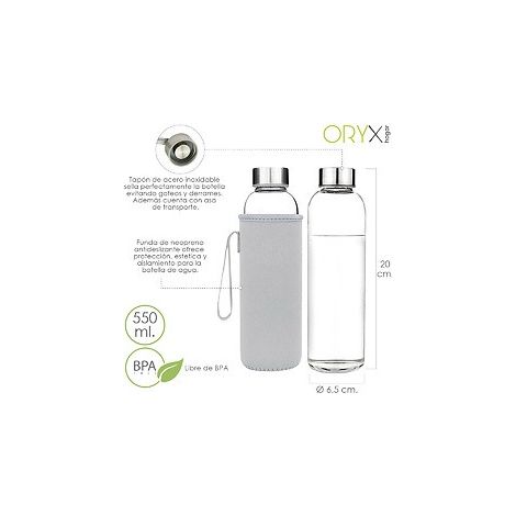 Glaswasserflasche 550 ml. Neoprenhülle mit Griff. BPA-frei