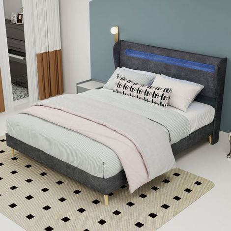 Lit capitonné 140x200, Tête lit LED, lit double ,durable, design moderne, gris, meuble de chambre multifonctionnel (1/5)