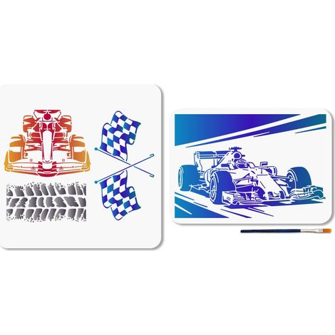 2 Pochoir de Voiture de Course Motif Drapeau à Damier Réutilisable 30 x 30/29.7 x 21cm avec Pinceau pour Travaux Manuels Décoration Murale Fenêtre Bois (1/5)