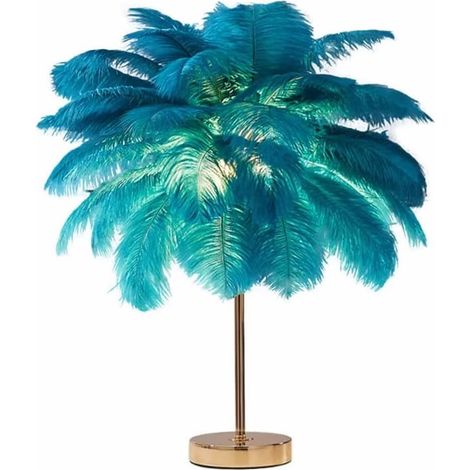 BelleRise - Lampe de table verte à plumes d'autruche avec abat-jour, lampe de chevet luxueuse pour salon ou chambre, déco intérieure bleue (1/5)