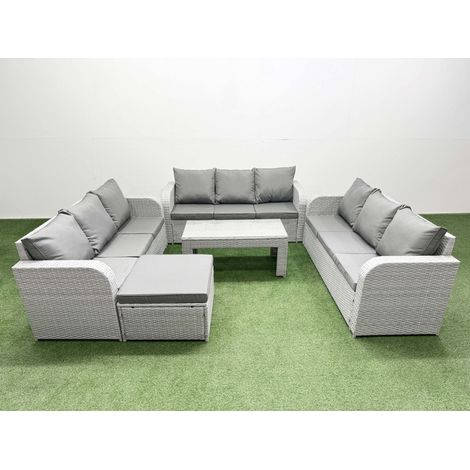 Fimous PE Rattan Lounge Sofa Set 10 Seater Outdoor Garden Furniture Set with Oblong Coffee Table 3 Seater Sofa Big Footstool Light Grey (1/4)