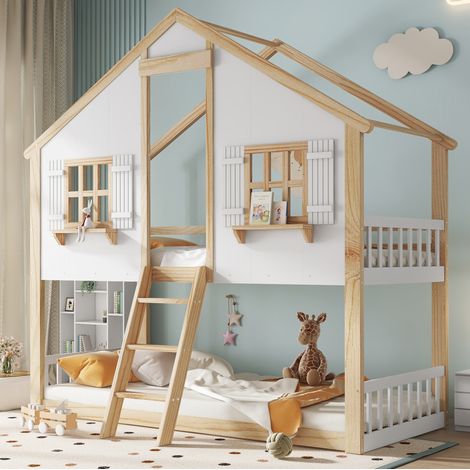 Lit superposé 90 x 200 cm enfant style maison en bois blanc et naturel avec échelle (1/5)