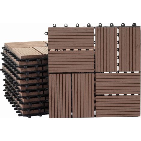 Carrelage de sol WPC balcon terrasse aspect bois 11 pièces 30x30cm 1m² décalage en teck couleur café 040005442