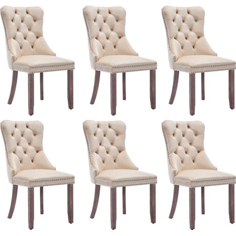 Modern Set of 6 Upholstered Velvet Dining Chairs, Button Tufted Kitchen Lounge Chairs with Brushed Wood Legs, Riveted Trim and Knocker Ring, for Dining Room Living Room, Beige (1/5)