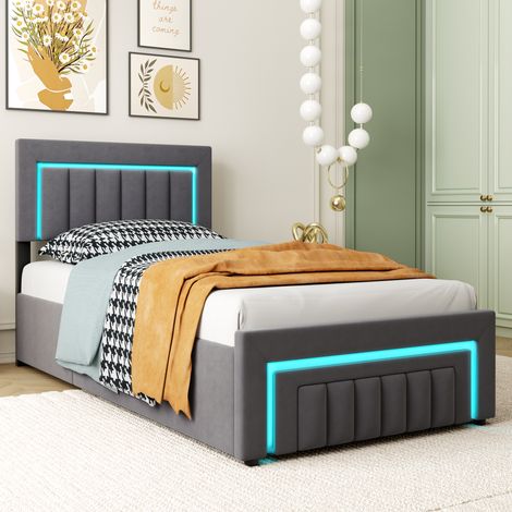 Cama tapizada 90x190 cm, Tejido velour, Almacenamiento hidráulico y luz LED, Base de listones incluida, Gris (1/5)