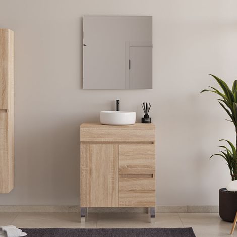 Meuble de salle de bain 60cm sur pieds avec plateau et une cuve à poser ronde - porte et tiroirs - cambrian (chêne clair) - HARO