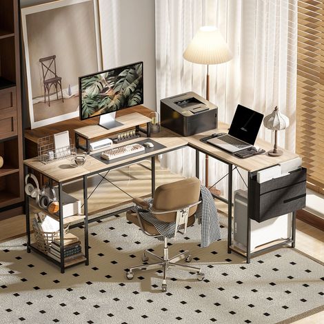 Bureau d'angle modulable réversible 168-240 cm style industriel - étagère réglable. sac de rangement. support d'écran