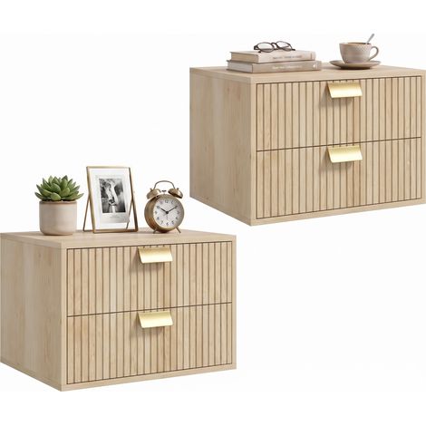 Floating Bedside Tables Set of 2, 2 Drawers, 40 x 30 x 27.6 cm, Oak (1/5)