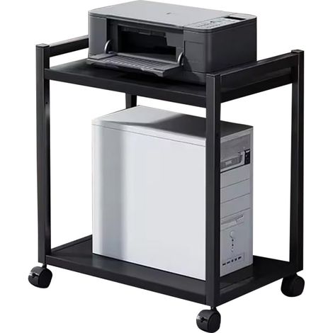 Support PC et imprimante à roulettes - Chariot métallique à 2 niveaux réglable en hauteur - Rangement sous-bureau pratique pour ordinateur ou imprimante - Idéal maison/bureau - 2 couches 55x51x30CM (1/5)