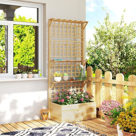 Jardinera con Enrejado y Techo de Madera para Plantas Trepadoras con 2 Estantes Drenaje y Forro 76x43,5x177 cm Natural