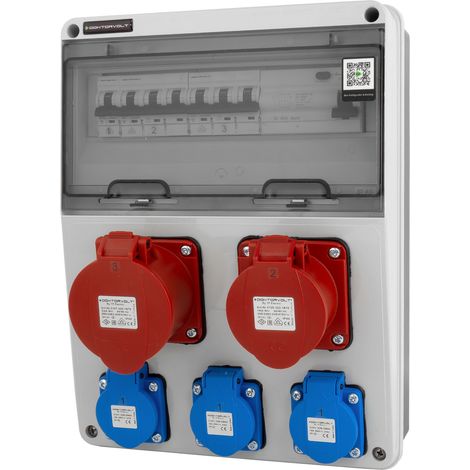 Tableau électrique de chantier 32 A, 16 A, CEE, 3 x 230 V, JUN-S/FI, protégé par un disjoncteur, IP54, DOKTORVOLT DV-0294-F (1/4)