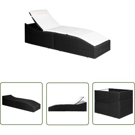 INLIFE Chaise longue avec coussin Résine tressée Noir (1/5)