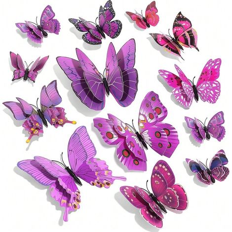 Décoration murale papillon 3D, double couche, pour fête, casier ou réfrigérateur, autocollant réutilisable, couleur violette, lot de 72 pièces (1/4)