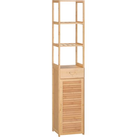 Armoire de salle de bain en bambou avec tiroir et étagères ouvertes 32x30x163 cm naturel (1/5)