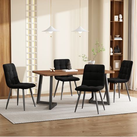 Essgruppe 5-teilig aus MDF in Walnussfarbe, mit 4 Samtstühlen und schwarzen Metallbeinen, Tisch 117x68x75 cm (1/5)