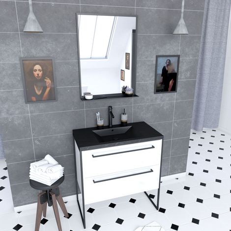 Pack mueble 80x50 blanco - 2 cajones negro - lavabo piedra y espejo negro (1/4)