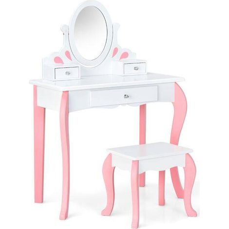 Coiffeuse enfant blanche en MDF avec miroir rotatif, 3 tiroirs et tabouret, convertible en bureau pour chambre et salle de jeux (1/5)