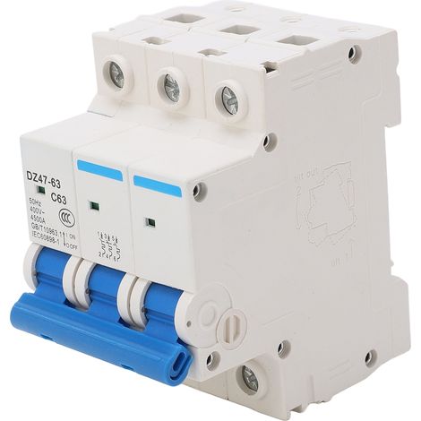 Disjoncteur miniature 3P 63A 400V, protection surcharge et court-circuit, montage rail DIN, interrupteur basse tension, coupure automatique, homologué CE, pour tableau électrique. (1/5)