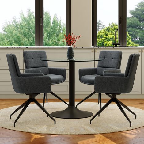 Ensemble salle à manger : table ronde en verre trempé luxe avec pied métal noir + 4 chaises gris foncé pivotantes 360° en tissu (1/4)