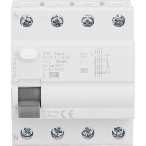 Disjoncteur différentiel 4P 63A 30mA 400V GYL9-B, interrupteur de protection de fuite à courant résiduel, dispositif de sécurité électrique triphasé, module de coupure automatique pour tableau, 1 pièc (1/5)