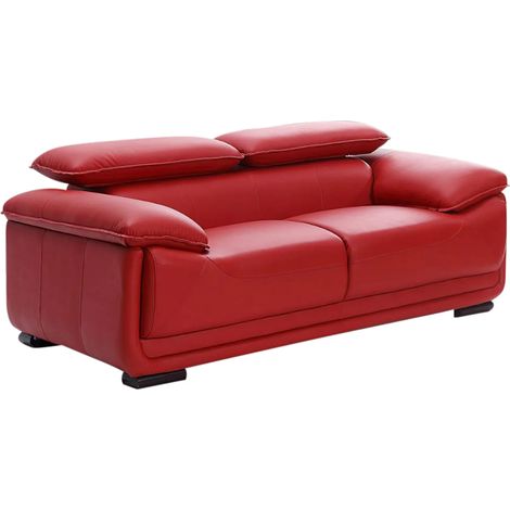 Vente-Unique – Canapé convertible 2 places en cuir de vachette – Rouge – Têtières ajustables – Confort optimal avec mousse polyuréthane (1/3)