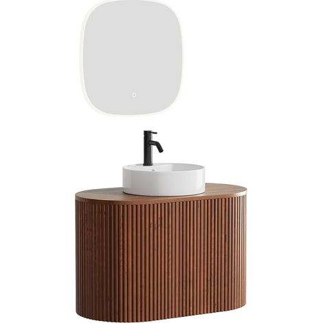 Mobile lavabo sospeso in teak con lavabo da appoggio rotondo, rubinetto e specchio Naturale scuro 90 cm - TOWARI (1/5)