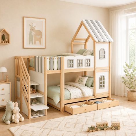 Litera infantil casa 90x200 cm, con barandillas en forma de nubes, ventanas decorativas, madera, blanco gris (1/5)
