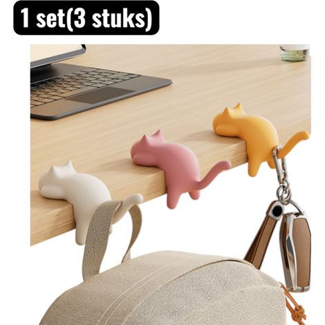 Lot de 3 crochets de suspension en forme de chat autocollants sans perçage pour sacs écouteurs vestes et sacs d école support multifonction pour bureau et table (1/5)