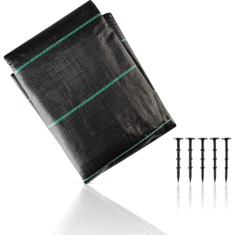 Toile de Paillage avec 10pcs Piquets Contre Les Mauvais Herbes 5Mx2M en Fibres de Polypropylène Tissées Anti-UV Résistant Aux Déchirures Piquets de Fixation Fournis (1/5)