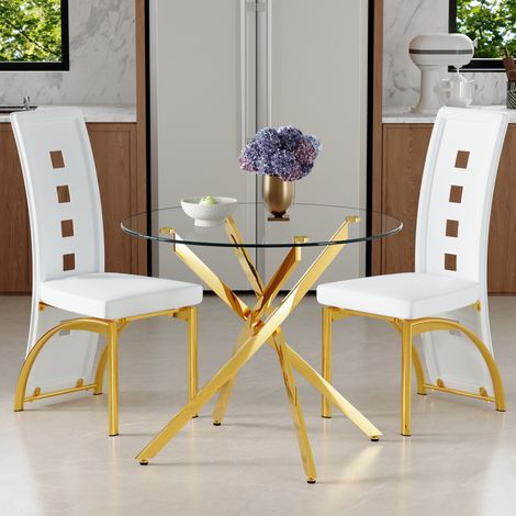 Set tavolo rotondo in vetro temperato 88 cm con 2 sedie bianche in PU OKWISH (1/5)